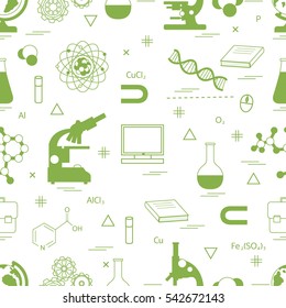 Seamless pattern with variety scientific, education elements: globe, microscope,magnet, flask, molecule and other. Design for banner, flyer, poster or print. 