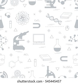 Seamless pattern with variety scientific, education elements: globe, microscope,magnet, flask, molecule and other. Design for banner, flyer, poster or print. 
