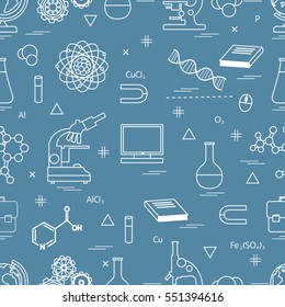 Seamless pattern with variety scientific, education elements: globe, microscope,magnet, flask, molecule and other. Design for banner, flyer, poster or print. 