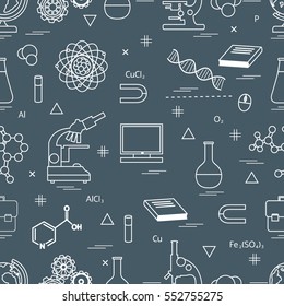Seamless pattern with variety scientific, education elements: globe, microscope,magnet, flask, molecule and other. Design for banner, flyer, poster or print. 
