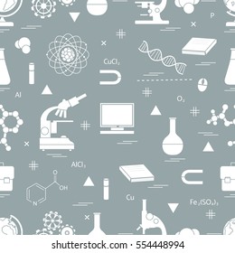 Seamless pattern with variety scientific, education elements: globe, microscope,magnet, flask, molecule and other. Design for banner, flyer, poster or print. 