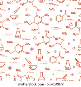 Seamless pattern with variety scientific, education elements: flask, formula, pestle and other. Design for banner, poster or print. 