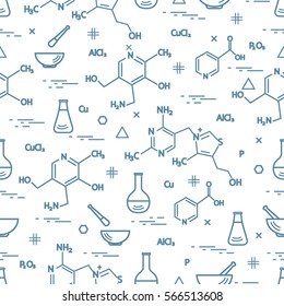 Seamless pattern with variety scientific, education elements: flask, formula, pestle and other. Design for banner, poster or print. 
