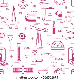 Seamless pattern with variety scientific, education elements: dividers, formula, test-tube, satellites, batteries and other. Design for banner, poster or print.