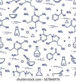 Seamless pattern with variety scientific, education elements: flask, formula, pestle and other. Design for banner, poster or print. 