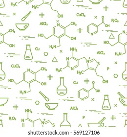 Seamless pattern with variety scientific, education elements: flask, formula, pestle and other. Design for banner, poster or print. 