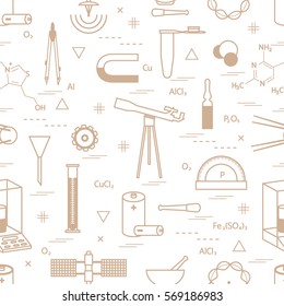 Seamless pattern with variety scientific, education elements: dividers, formula, test-tube, satellites, batteries and other. Design for banner, poster or print.