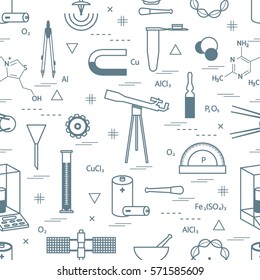 Seamless pattern with variety scientific, education elements: dividers, formula, test-tube, satellites, batteries and other. Design for banner, poster or print.