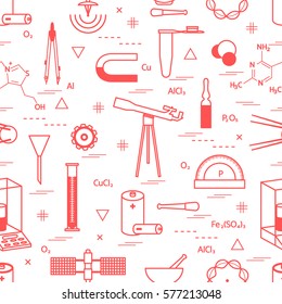 Seamless pattern with variety scientific, education elements: dividers, formula, test-tube, satellites, batteries and other. Design for banner, poster or print.