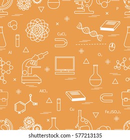 Seamless pattern with variety scientific, education elements: globe, microscope,magnet, flask, molecule and other. Design for banner, flyer, poster or print. 