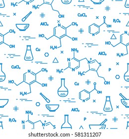 Seamless pattern with variety scientific, education elements: flask, formula, pestle and other. Design for banner, poster or print. 