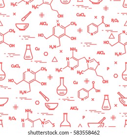Seamless pattern with variety scientific, education elements: flask, formula, pestle and other. Design for banner, poster or print. 