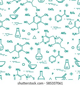 Seamless pattern with variety scientific, education elements: flask, formula, pestle and other. Design for banner, poster or print. 