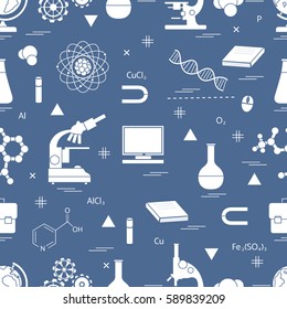 Seamless pattern with variety scientific, education elements: globe, microscope,magnet, flask, molecule and other. Design for banner, flyer, poster or print. 