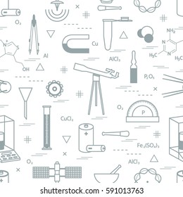 Seamless pattern with variety scientific, education elements: dividers, formula, test-tube, satellites, batteries and other. Design for banner, poster or print.