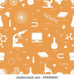 Seamless pattern with variety scientific, education elements: globe, microscope,magnet, flask, molecule and other. Design for banner, flyer, poster or print. 