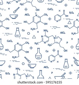Seamless pattern with variety scientific, education elements: flask, formula, pestle and other. Design for banner, poster or print. 