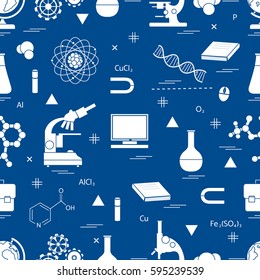 Seamless pattern with variety scientific, education elements: globe, microscope,magnet, flask, molecule and other. Design for banner, flyer, poster or print. 
