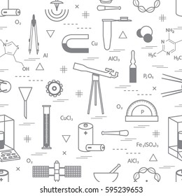 Seamless pattern with variety scientific, education elements: dividers, formula, test-tube, satellites, batteries and other. Design for banner, poster or print.