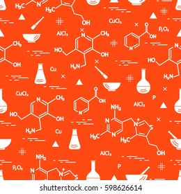 Seamless pattern with variety scientific, education elements: flask, formula, pestle and other. Design for banner, poster or print. 