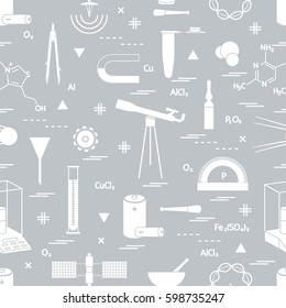 Seamless pattern with variety scientific, education elements: dividers, formula, test-tube, satellites, batteries and other. Design for banner, poster or print.