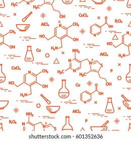 Seamless pattern with variety scientific, education elements: flask, formula, pestle and other. Design for banner, poster or print. 