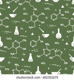 Seamless pattern with variety scientific, education elements: flask, formula, pestle and other. Design for banner, poster or print. 
