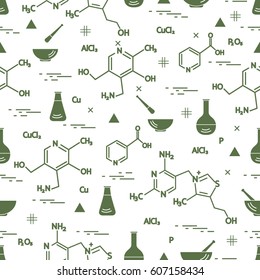 Seamless pattern with variety scientific, education elements: flask, formula, pestle and other. Design for banner, poster or print. 