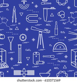 Seamless pattern with variety scientific, education elements: dividers, formula, test-tube, satellites, batteries and other. Design for banner, poster or print.