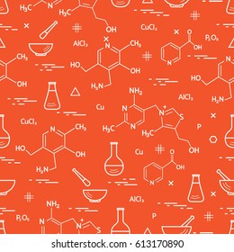Seamless pattern with variety scientific, education elements: flask, formula, pestle and other. Design for banner, poster or print. 