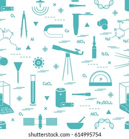 Seamless pattern with variety scientific, education elements: dividers, formula, test-tube, satellites, batteries and other. Design for banner, poster or print.