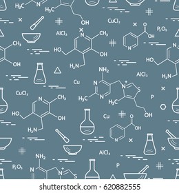 Seamless pattern with variety scientific, education elements: flask, formula, pestle and other. Design for banner, poster or print. 
