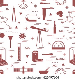 Seamless pattern with variety scientific, education elements: dividers, formula, test-tube, satellites, batteries and other. Design for banner, poster or print.