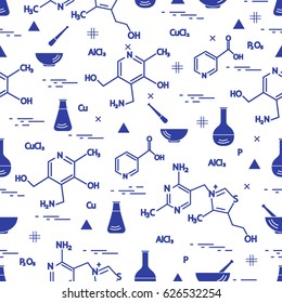 Seamless pattern with variety scientific, education elements: flask, formula, pestle and other. Design for banner, poster or print. 