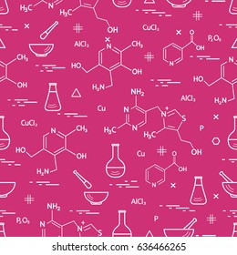 Seamless pattern with variety scientific, education elements: flask, formula, pestle and other. Design for banner, poster or print. 