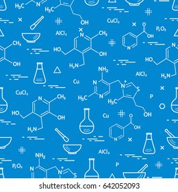Seamless pattern with variety scientific, education elements: flask, formula, pestle and other. Design for banner, poster or print. 