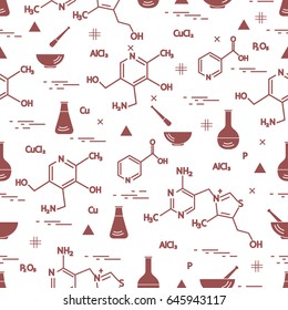 Seamless pattern with variety scientific, education elements: flask, formula, pestle and other. Design for banner, poster or print. 