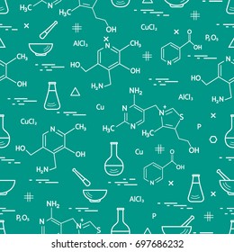 Seamless pattern with variety scientific, education elements: flask, formula, pestle and other. Design for banner, poster or print. 