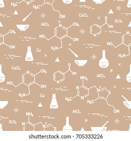 Seamless pattern with variety scientific, education elements: flask, formula, pestle and other. Design for banner, poster or print. 