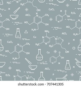 Seamless pattern with variety scientific, education elements: flask, formula, pestle and other. Design for banner, poster or print. 