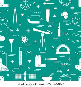 Seamless pattern with variety scientific, education elements: dividers, formula, test-tube, satellites, batteries and other. Design for banner, poster or print.