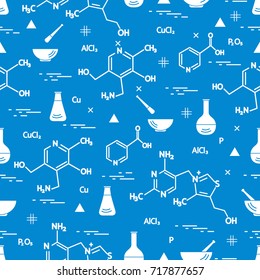 Seamless pattern with variety scientific, education elements: flask, formula, pestle and other. Design for banner, poster or print. 