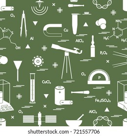 Seamless pattern with variety scientific, education elements: dividers, formula, test-tube, satellites, batteries and other. Design for banner, poster or print.