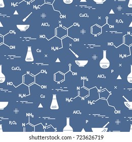 Seamless pattern with variety scientific, education elements: flask, formula, pestle and other. Design for banner, poster or print. 