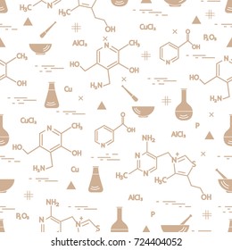 Seamless pattern with variety scientific, education elements: flask, formula, pestle and other. Design for banner, poster or print. 