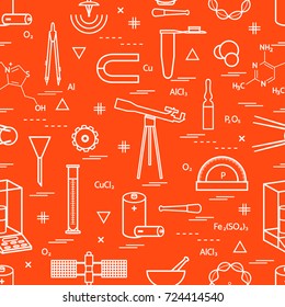 Seamless pattern with variety scientific, education elements: dividers, formula, test-tube, satellites, batteries and other. Design for banner, poster or print.