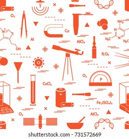 Seamless pattern with variety scientific, education elements: dividers, formula, test-tube, satellites, batteries and other. Design for banner, poster or print.