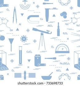 Seamless pattern with variety scientific, education elements: dividers, formula, test-tube, satellites, batteries and other. Design for banner, poster or print.