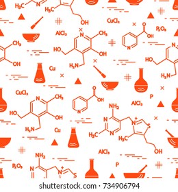 Seamless pattern with variety scientific, education elements: flask, formula, pestle and other. Design for banner, poster or print. 