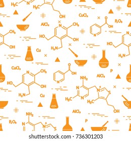 Seamless pattern with variety scientific, education elements: flask, formula, pestle and other. Design for banner, poster or print. 